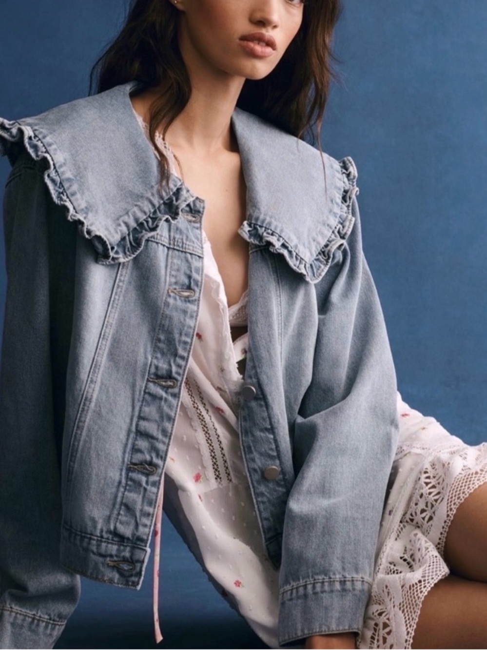 Anthropologie Light Blue Ruffled-Collar Denim Jacket
